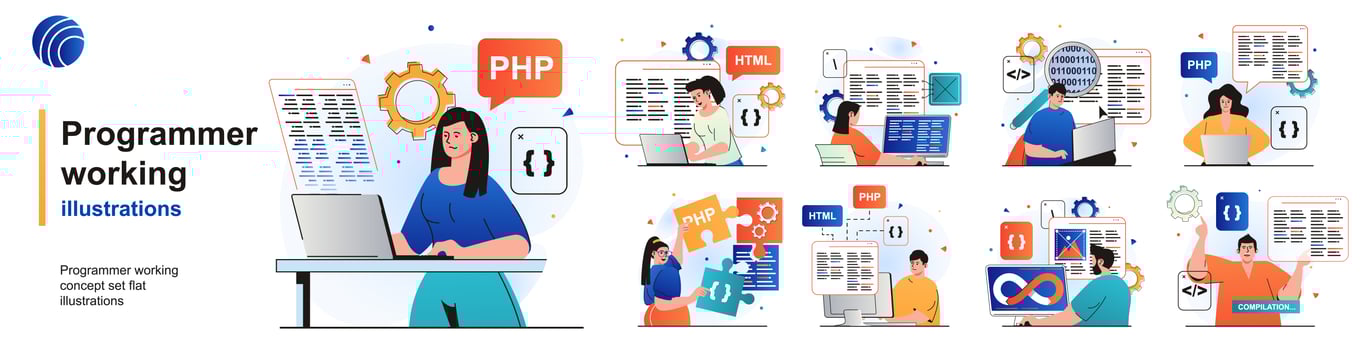 Programmer working isolated set. Devops, coding, programming software testing. People collection of scenes in flat design. Vector illustration for blogging, website, mobile app, promotional materials.