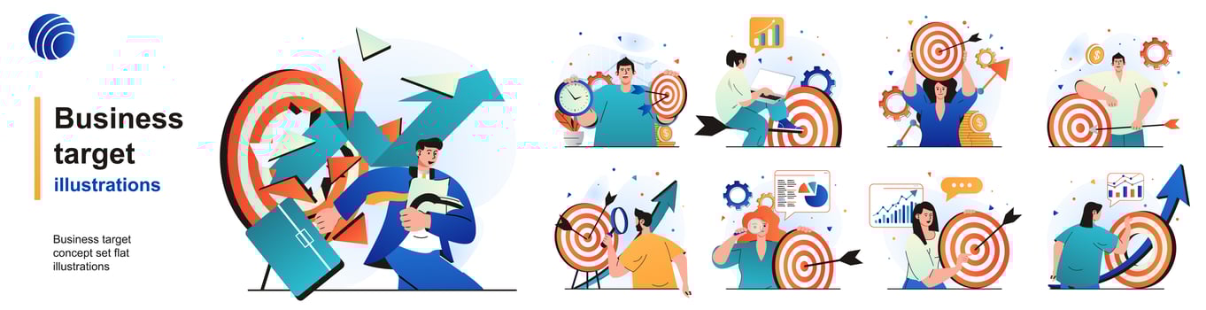 Business target isolated set. Goals achievement, success strategy in career. People collection of scenes in flat design. Vector illustration for blogging, website, mobile app, promotional materials.