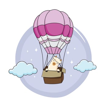 Alpaca Cartoon Cute Llama Flying with Air Balloon vector