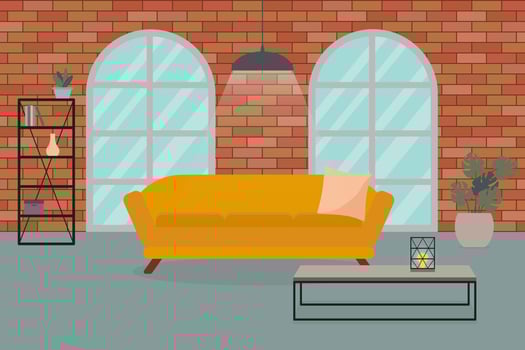Minimalistic living room interior in a loft style, with a brick wall, sofa, large windows. vector