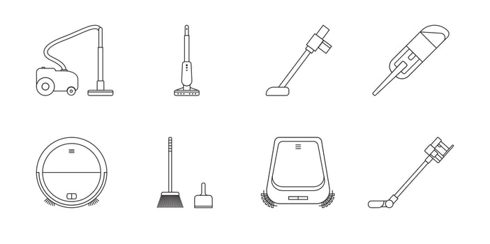 Floor cleaning set - broom, scoop, robot vacuum cleaner. Black and white icon. Vector Illustration