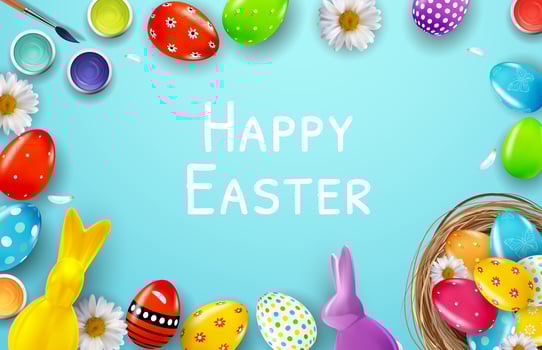 Easter poster template with 3d realistic eggs, paint.  Template for advertising, poster, flyer, greeting card.  Vector Illustration