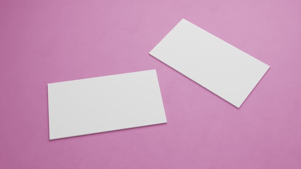 White business card mockup stacking on pink color table background. Object background concept for brand presentation template print. 3.5 x 2 inch paper size cover. 3D illustration rendering photo