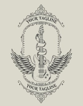 illustration vintage guitar wings monochrome style vector