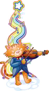 Cat playing violin with melody symbols on rainbow wave vector