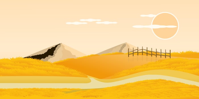 Vector Autumn landscape with mountain hills views landscape of farmland in the morning, Beautiful panorama season of summer natural. Autumn summer background concept.