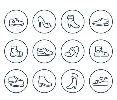 Shoes line icons on white, knee high boots, heels, platform pump, open toe shoes, trainers vector
