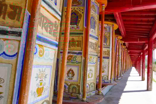 Prayer wheel in Arou Da Temple in Qinghai China. photo
