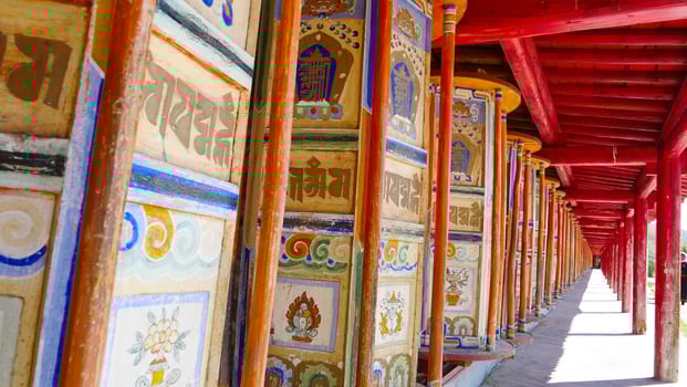 Prayer wheel in Arou Da Temple in Qinghai China. photo