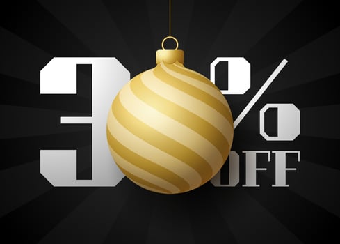 Merry christmas big Sale banner. Luxury Christmas Sale 30 percent off black royal banner template with decorated golden ball hang on a thread. Happy new year and xmas Vector illustration