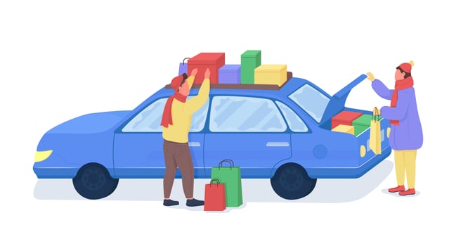 Men loaing bags on car semi flat color vector characters
