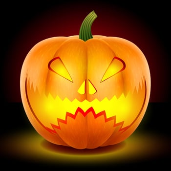 Pumpkin with a scary growling mask. Cut with a knife. Halloween symbol vector