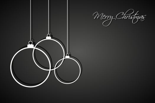 Three white Christmas balls on black background. Holiday greeting card with merry Christmas sign. Vector illustration