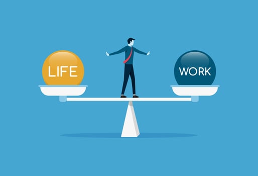 Businessman balancing work and life on scale vector illustration