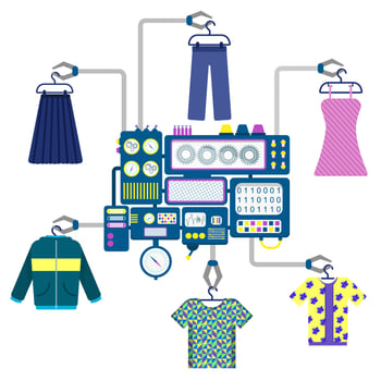 Machine with claws holding different pieces of clothing like t-shirts, shirts, dresses, skirts, jackets and pants. vector