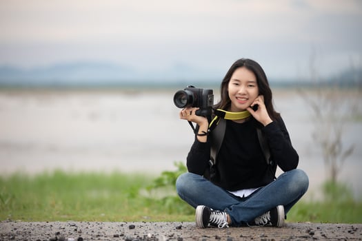 sian  young women people Hiking with friends backpacks walking together and looking map and taking photo camera by the road and looking happy ,Relax time on holiday concept travel