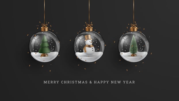 Merry Christmas background with snowman and tree in glass snow globe. Vector illustration.