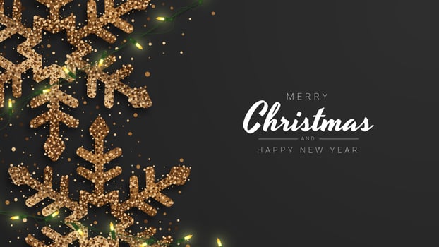 Merry Christmas background with sparkling snowflake and string light. Vector illustration.