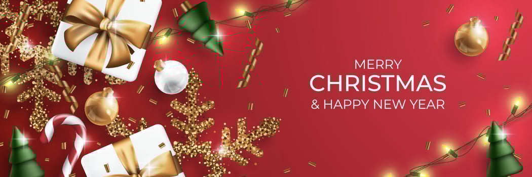 Merry Christmas banner with realistic christmas ornament. Xmas ball, tree, gift, sparkling snowflake and string light Vector illustration.