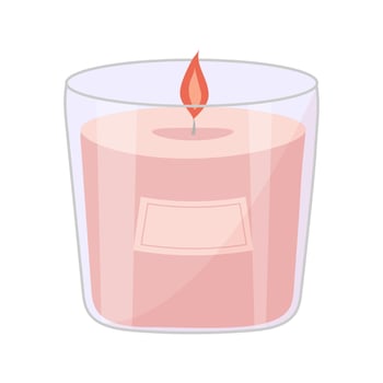 Aromatic candle in glass jar with burning flame light for aromatherapy. Cute hygge home decoration, holiday decorative design element. vector