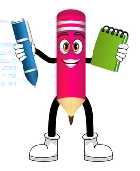 Cute beautiful mascot pencil character standing and holding pen and notepad isolated vector