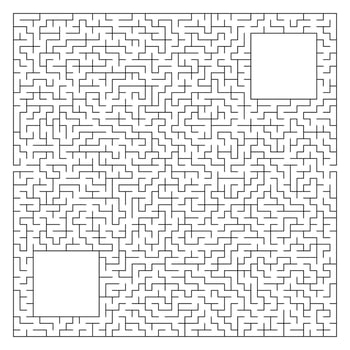 Abstract complex square maze with entrance and exit. An interesting game for children and adults. Vector illustration isolated on white background. With a place for your drawings.