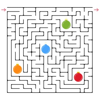 Abstract square maze. An interesting and useful game for children. Collect all the Christmas balls. Simple flat vector illustration isolated on white background.