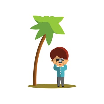 Boy is traveling while taking pictures. Character Vector Illustration on the theme World Tourism