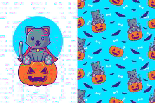 Cute black cat with pumpkin happy halloween with seamless pattern vector