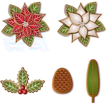 christmas cookies. gingerbread poinsettia, holly, pine cone and pine branch vector