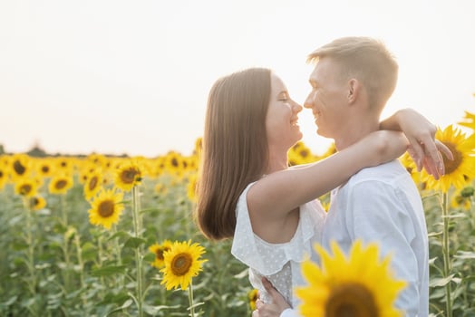 Beautiful couple kissing in sunflowers fields photo