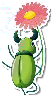 Sticker template with behind of a beetle cartoon character isolated vector