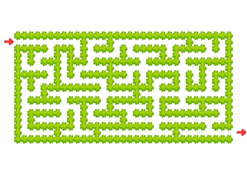 Color rectangular maze. Green garden in cartoon style. Game for kids. Puzzle for children. Labyrinth conundrum. Flat vector illustration isolated on white background.