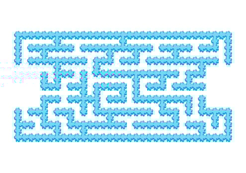 Color rectangular maze. Blue winter ice in cartoon style. Game for kids. Puzzle for children. Labyrinth conundrum. Flat vector illustration isolated on white background. With space for your drawings.