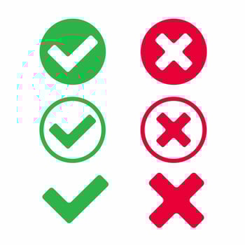 Check marks icon signs vector illustration set. Yes or no, right and wrong, in the circle and without it, tick and cross, OK or X flat design version of check mark buttons