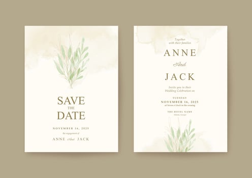 Minimalist Wedding invitation template with gold and green leaves vector