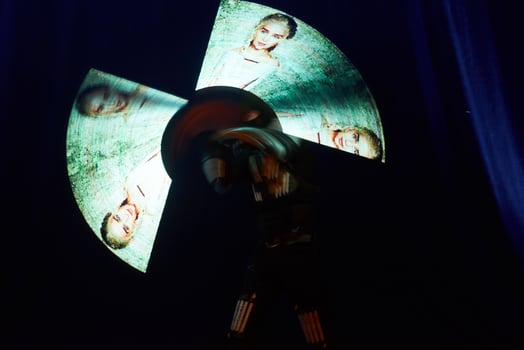 Laser show performance, dancers in led suits with LED lamp, very beautiful night club performance, party photo