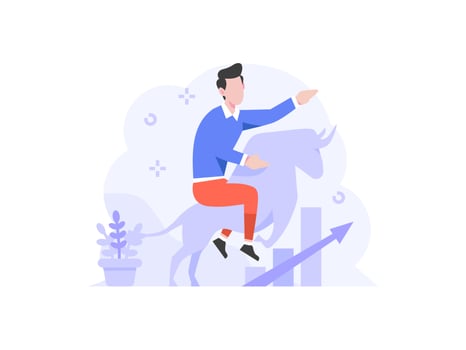 business finance man ride bull profit graph chart financial growth increase income arrow people character flat design style Vector Illustration