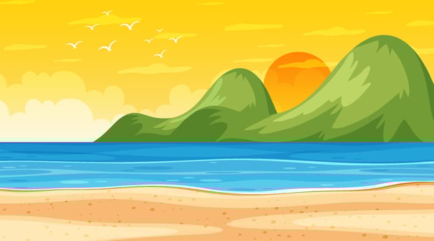 Beach landscape at sunset scene with ocean wave vector
