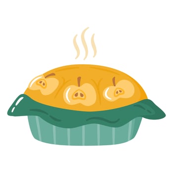 Cute cartoon apple pie flat vector illustration. Autumn cake with fruits isolated on white background.