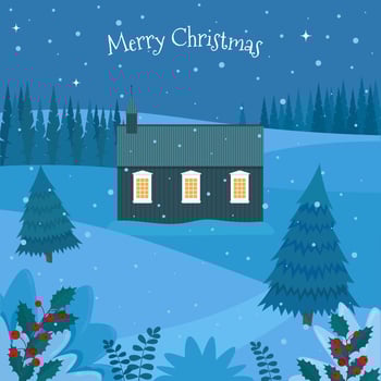 Winter landscape with old Christian Church Building. Christmas night. Vector illustration in flat style