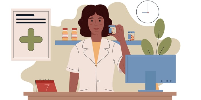 Female pharmacist stands behind the counter in a pharmacy. vector