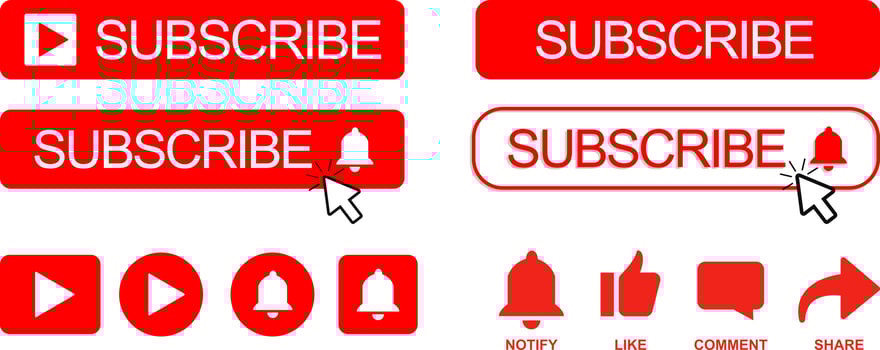 Set of red subscribe buttons with bell and cursor vector