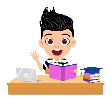Happy cute kid boy character siting study desk studying with books and laptop vector