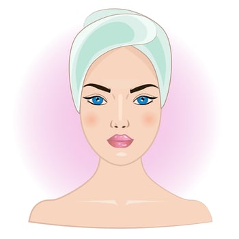 The concept of facial care. Vector illustration of the face of a young woman with a bare neck and a towel on her head.