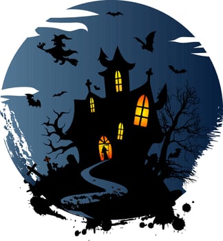 witch Haunted House  Halloween creepy illustration t shirt design with  Pumpkins Cat and Bats vector