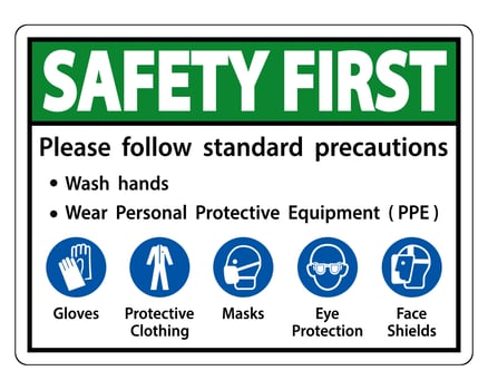 Safety First Please follow standard precautions ,Wash hands,Wear Personal Protective Equipment PPE,Gloves Protective Clothing Masks Eye Protection Face Shield vector