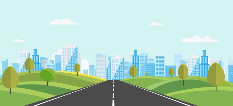 Public park with main street to city and sky background.Beautiful nature scene with town and hill.Vector illustration.Road with urban.cityscape and nature scene vector
