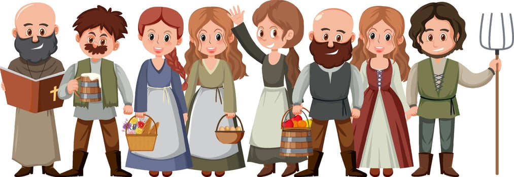 Group of medieval villagers on white background vector