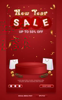 New year sale promo social media story template with red background vector